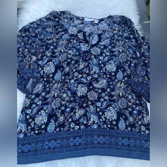 Susan Graver Womens Floral Woven Tie Neck Peasant Tunic Top - Size Med. petite - Picture 2 of 12